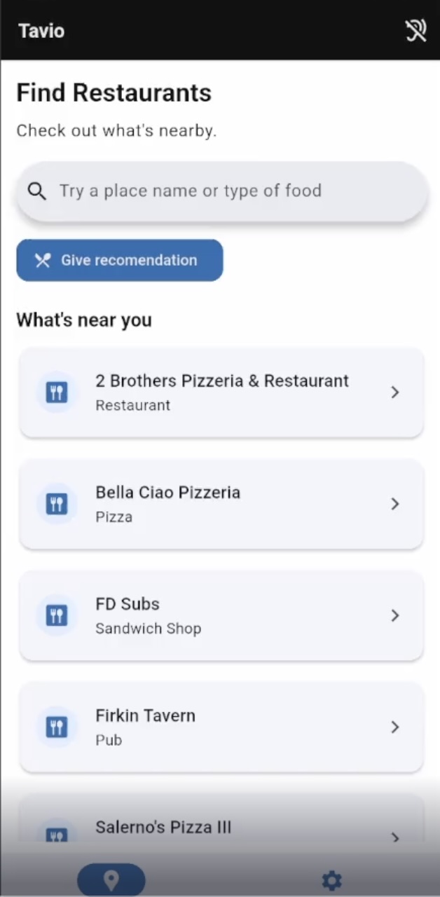Tavio backend: restaurant recommendation API response.