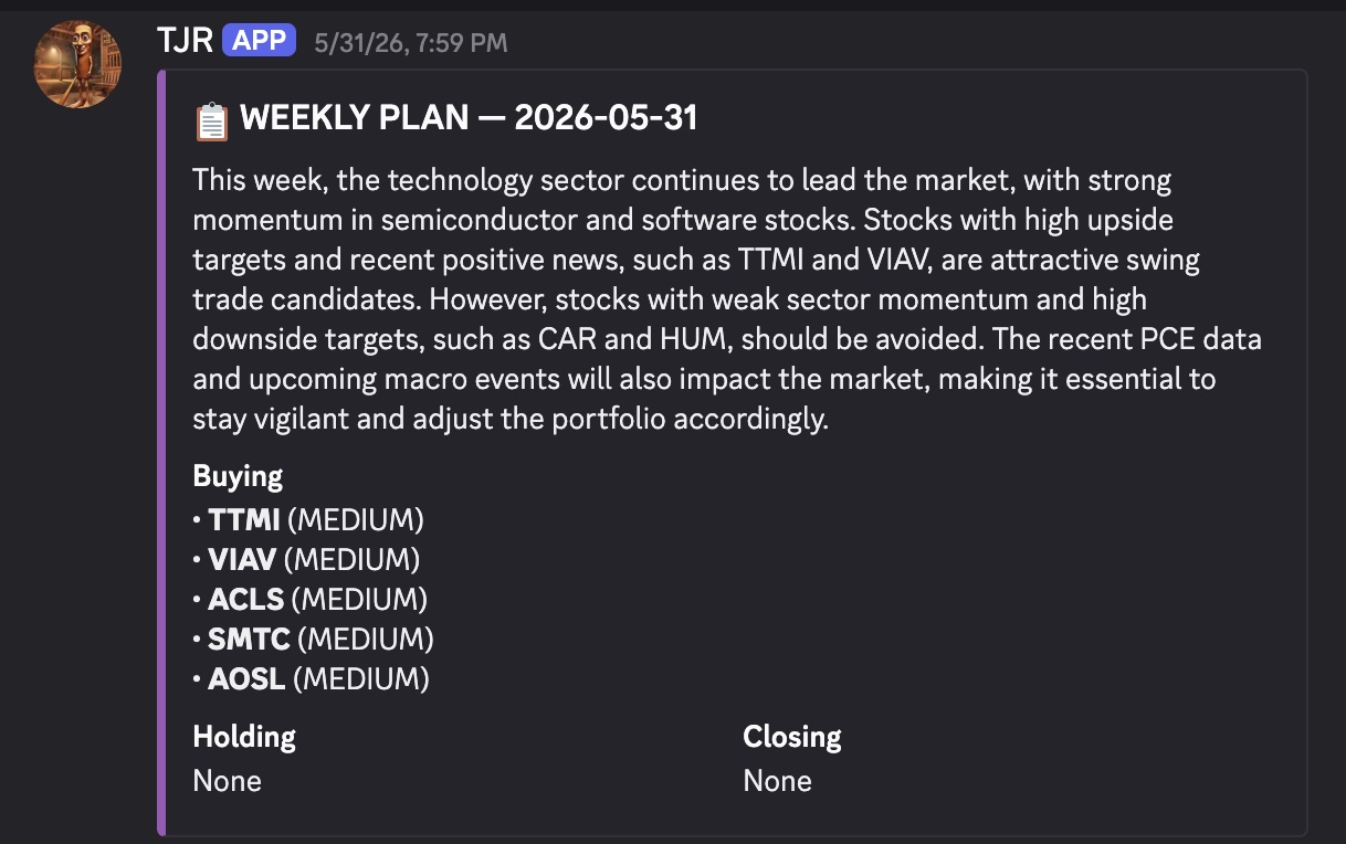 Claude Trading Agent posting a trade execution and P&L update to Discord.